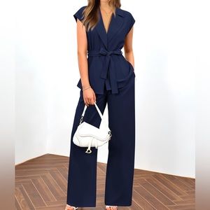 Navy Cap Sleeve V Neck Blazer Vest and  Wide Leg Pant Set XXL